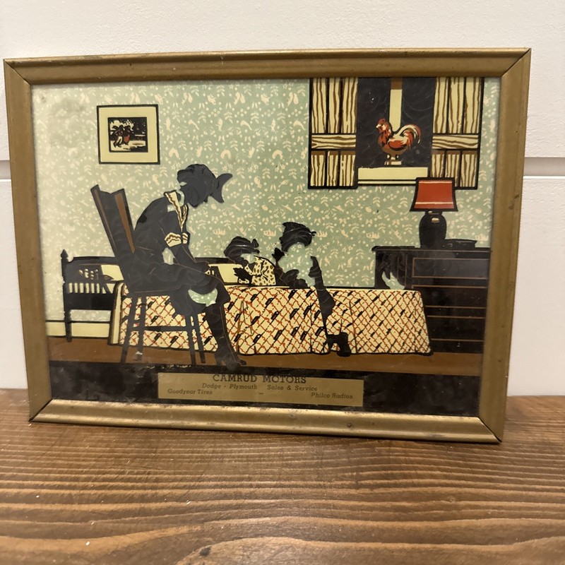 vintage reverse-painted silhouette advertising piece, from the mid-20th century
