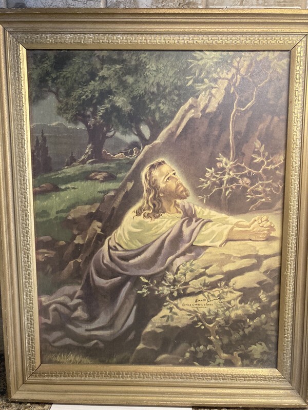 Vintage WARNER SALLMAN 1940’S JESUS Praying In The Garden LITHO PRINT Framed
