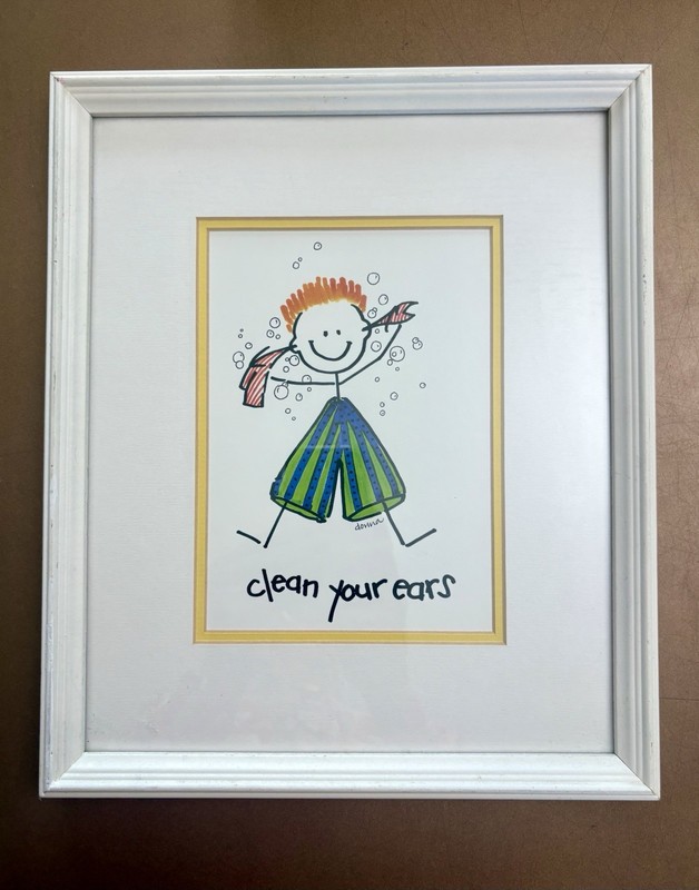 1990s Framed Art Bathroom Kid Humor Whimsy by Donna: Clean Your Ears 12x10x1 EUC