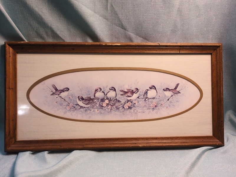 1983 Birds On Roses Branch Margie Morrow Wood Glass Framed Art Decor 21×10.5 In