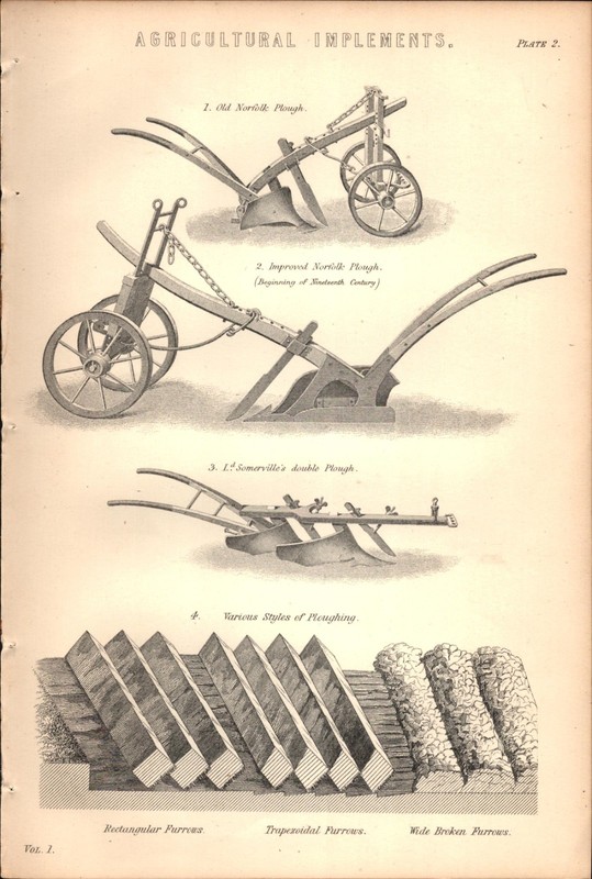 1891 AGRICULTURAL IMPLEMENTS antique engraving plate 2 – OLD FARMING PLOUGHS