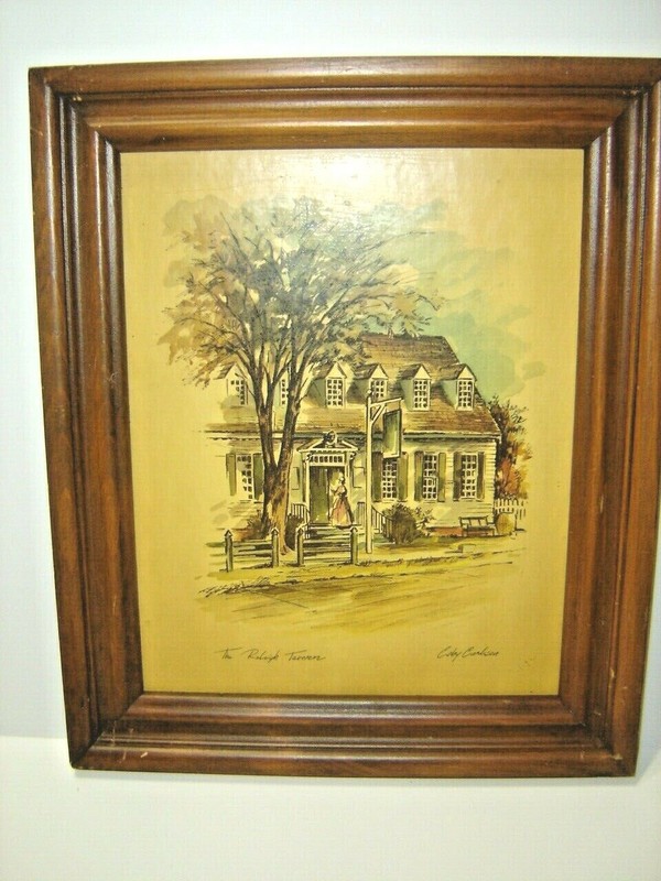 Vintage Framed Coby Carlson Print Raleigh Tavern in Muted Colors