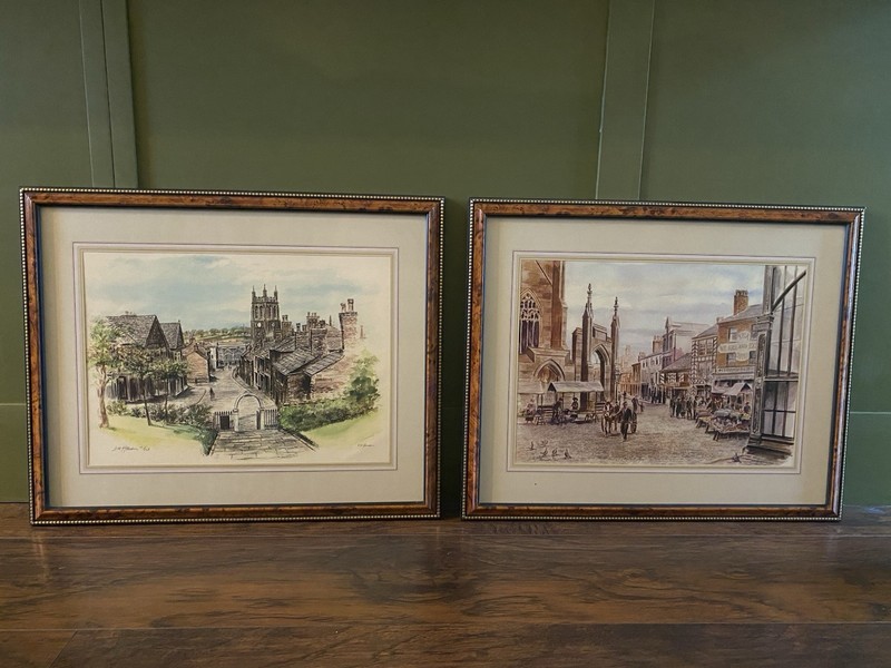 D.M.Hanson Signed Limited Edition Framed Watercolor Set Town Market Architecture