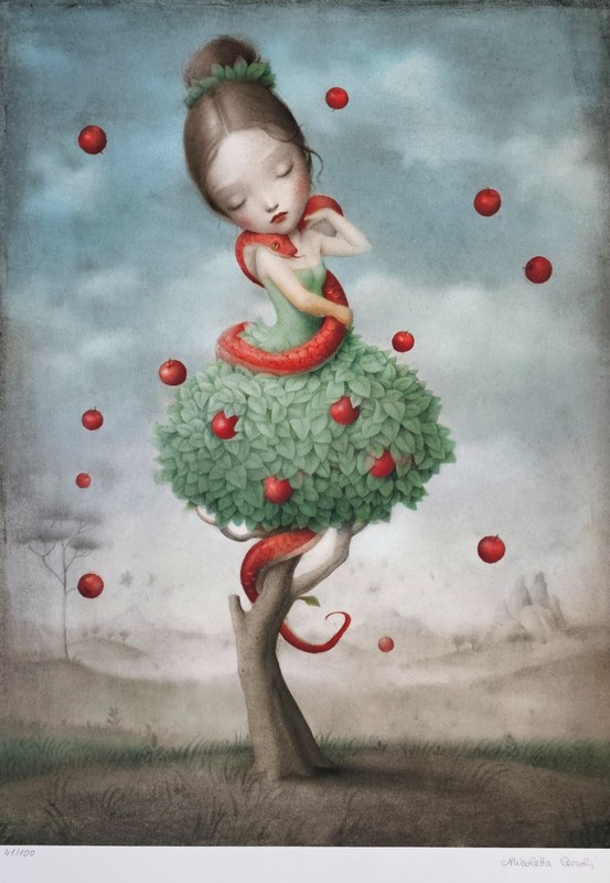 Nicoletta Ceccoli Bliss Hand Signed Fantasy Surreal Snake Girl Apple tree Art