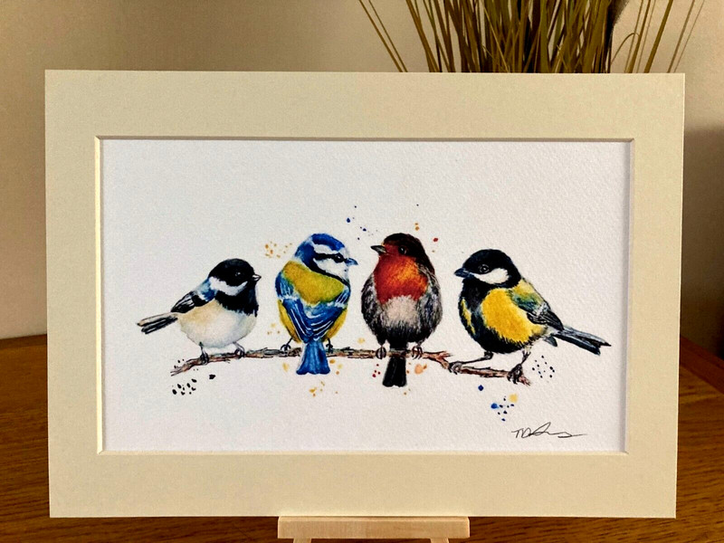 Birds on branch a4 mounted art print watercolour robin, blue tit wall decor gallery