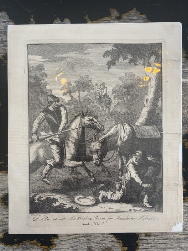 Antique 18thC W. Hogarth Engraving Don Quixote Mambrino Helmet Laid Paper