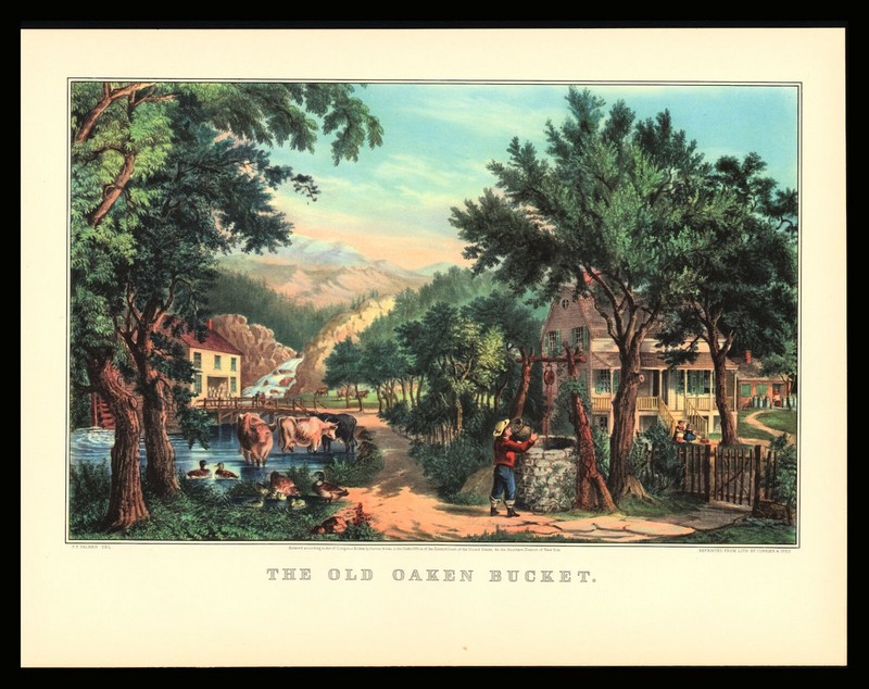 Currier & Ives Print – THE OLD OAKEN BUCKET – Well Farm House Waterfall Nature