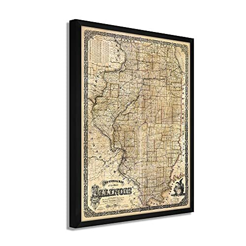 1861 Illinois State Map - Framed Vintage Map of Illinois Wall Art Poster Print