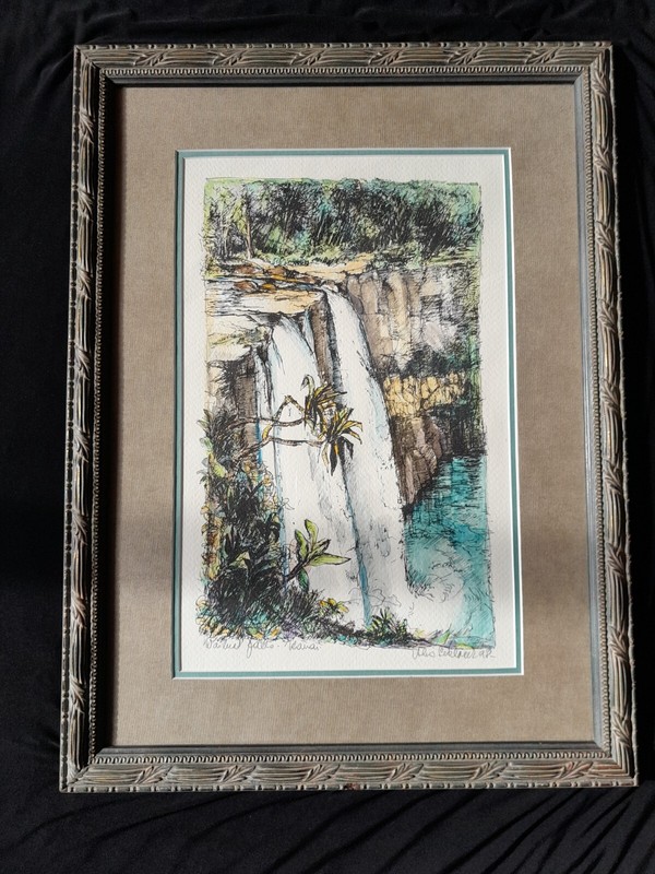 Artisan Waterfall Pen and Ink Painting Art Piece Signed Print 17.5″x23.5″ FRAME