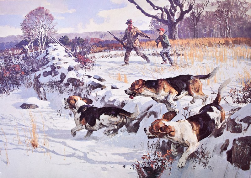 Father Son Beagles Hunting Rabbits in Winter by Kuhn 8 x 11