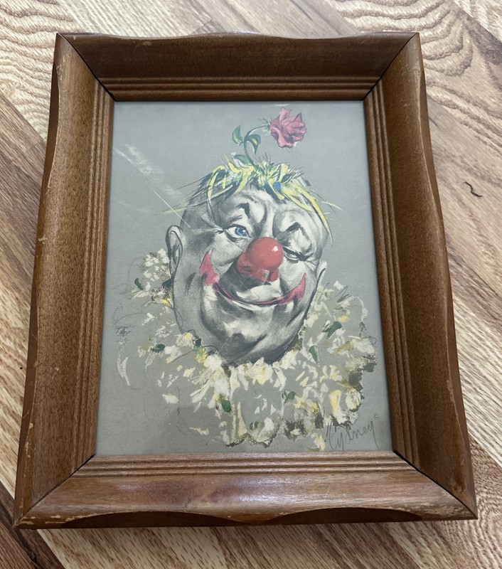 Grass Hair Clown Cydney Grossman Wood Framed Print Circus Art Vintage 1950’s 60s