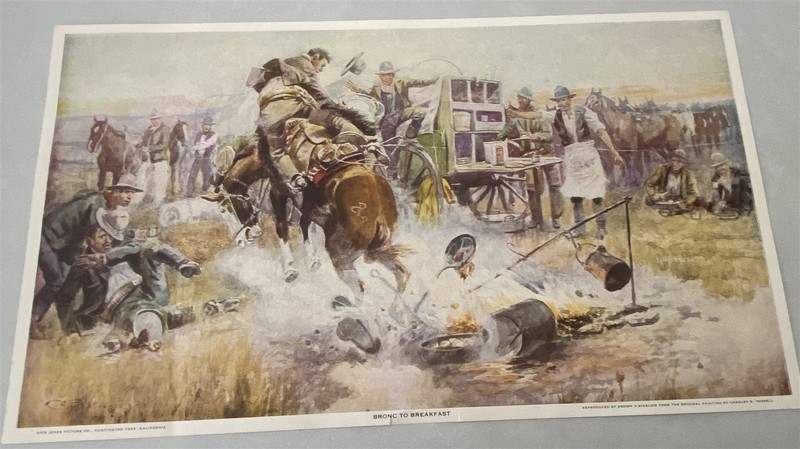 Vintage1940s-50's Western Print Bucking Horse Charles Russell 15 x 9