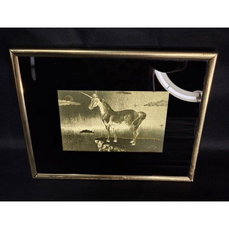 80s Vintage Unicorn Gold Foil Wall Art Framed Signed Jean Roy Mythology