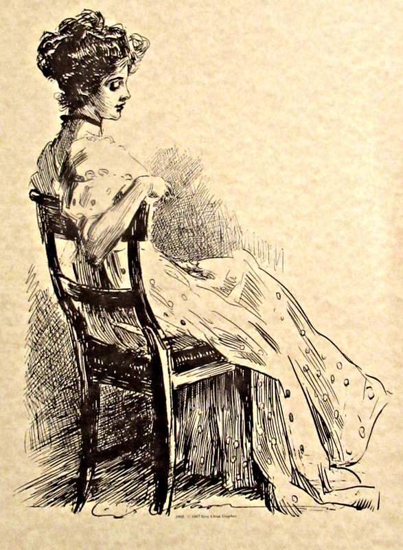 "THE WALL FLOWER" ~ (GIBSON GIRL) ~ ** 1909 PEN-AND-INK SKETCH - (11" X 14") ** gallery