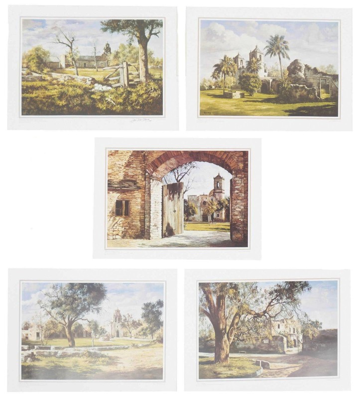 Jose Vives-Atsara Set of 5 San Antonio Mission Prints, 24″ x 17.5″