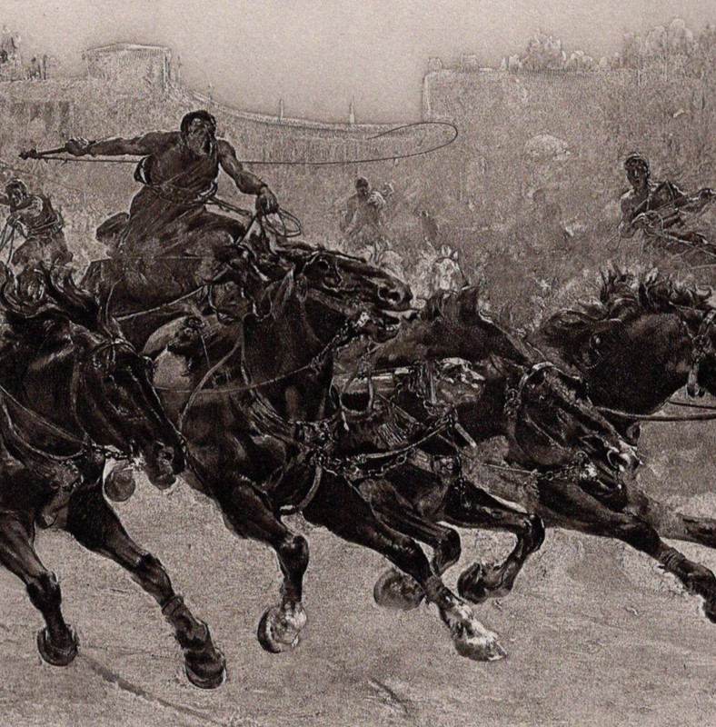 Charioteer in Rome Under Trajan Dramatic Chariot Race 1892 Antique Engraving