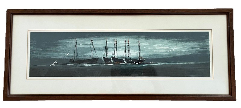 MCM Modernist Nautical Sailboats Panoramic Fine Art Print Vintage 50s 60s Framed