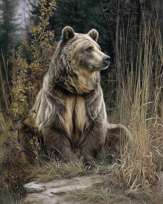 8×10 Bear sitting in tall grass – misty wetlands – 280665134