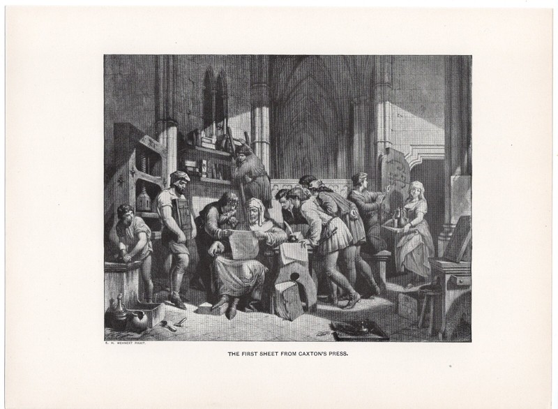 MEDIEVAL PRINTING - First Sheet from Caxton's Press - 1894 Antique Engraving gallery