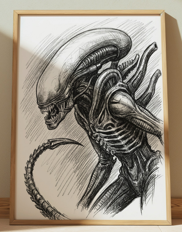 ALIEN ROMULUS XENOMORPH DRAWING PRINT PORTRAIT SKETCH 8″ x 10″ HORROR MOVIE ART