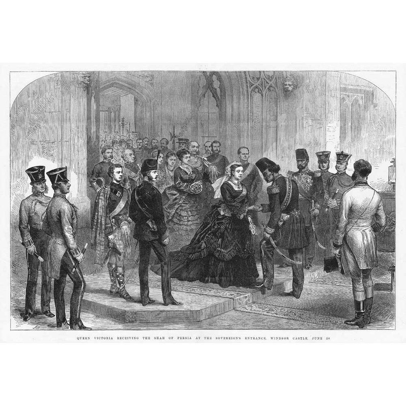 WINDSOR Castle Queen Victoria receiving the Shah of Persia – Antique Print 1873