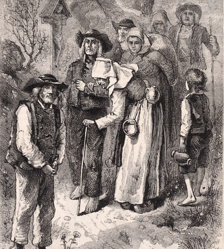 Antique 1875 Wood Engraving Breton Beggars Brittany Scene Genre Art