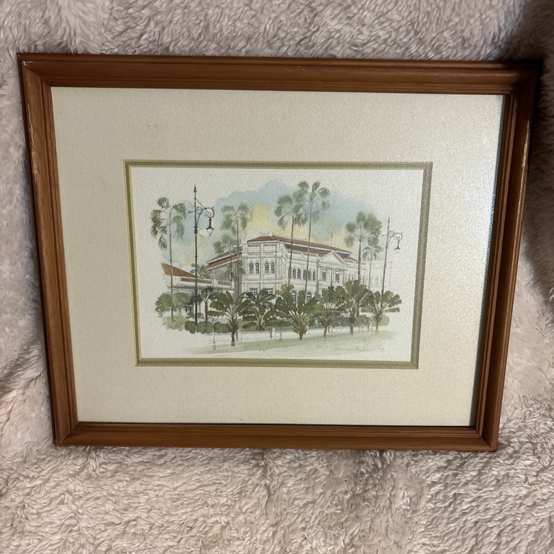 VTG Graham Byfield Art Print Raffles Hotel Singapore Matted Framed Beach Signed