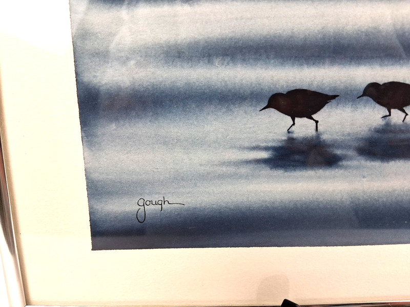 Framed Watercolor Sandy Gough Shorebirds On Beach Ocean Sea 12" x 7" gallery