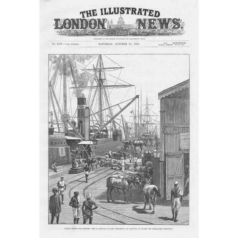 INDIA 7th Bengal Cavalry Embarking at Calcutta for Burma – Antique Print 1886