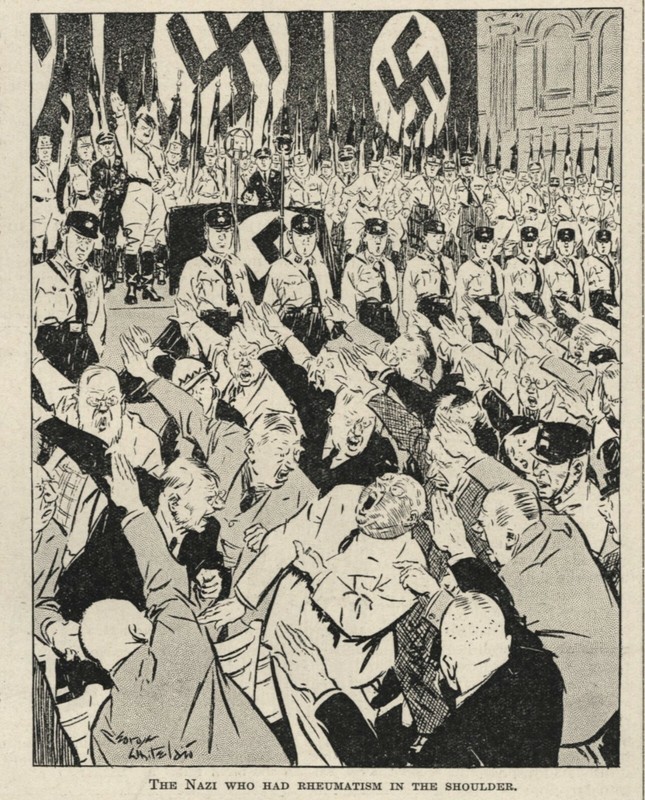 VINTAGE 1933 CARTOON - EARLY NAZI SALUTE SATIRE - Man has Rheumatism in Shoulder