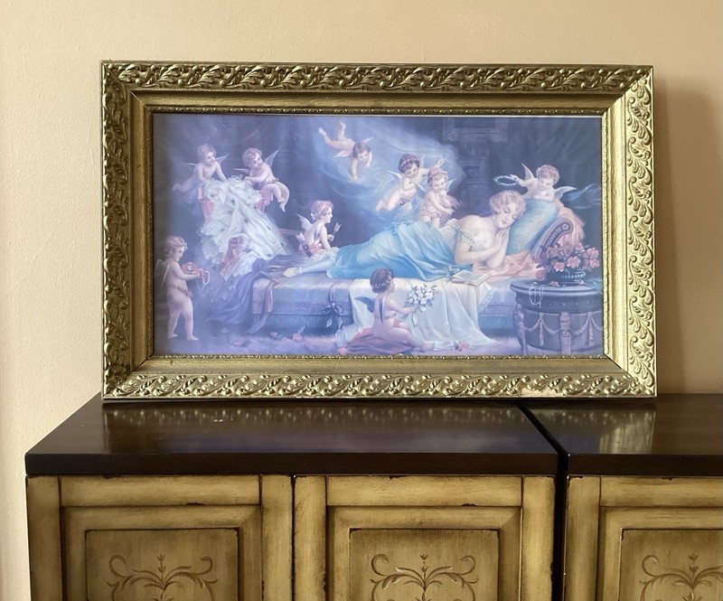 Vintage Lindberg Wedding Dream Victorian Chromolithograph Print 31x19 Framed