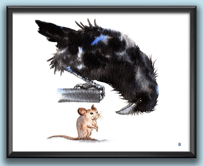 Personalised Watercolour Crow and Mouse Painting Print by Ilona Winter