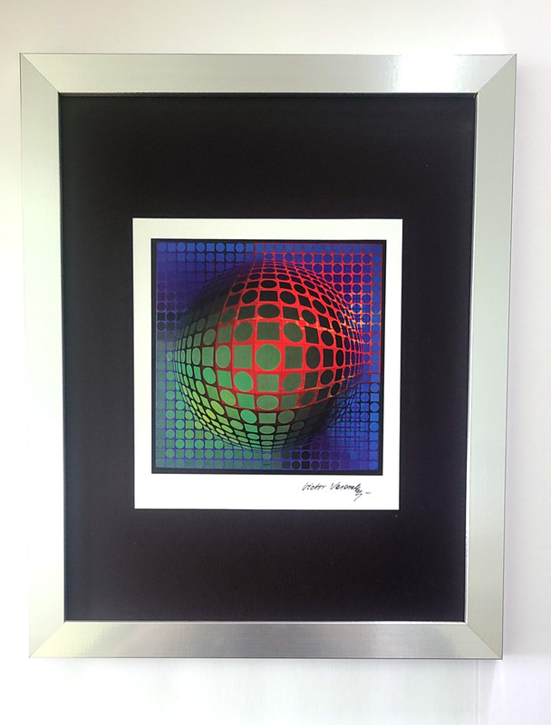 VICTOR VASARELY + SIGNED GEOMETRIC ABSTRACT PRINT FROM 1970 + NEW FRAME 14x11in.