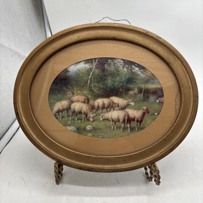 Vintage Oval Picture Rustic Metal Frame Country Scene Sheep Landscape 10.5×8.5”