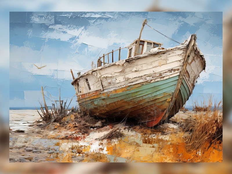Abandoned Boat on Shore Oil Painting Print – Nautical Art Decor 5″ x 7″