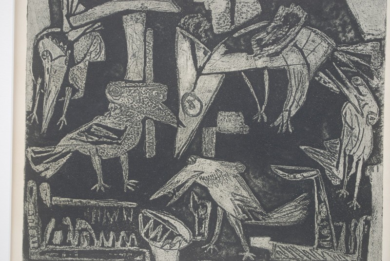 "Birds" MCM Linocut Print 1950s 9.5"x8" mat 14"x16" gallery