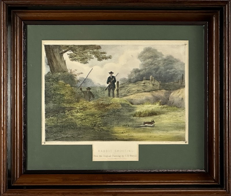 Charles Harvey Weigall Rabbit Shooting Print Framed Matted 1869 12×14