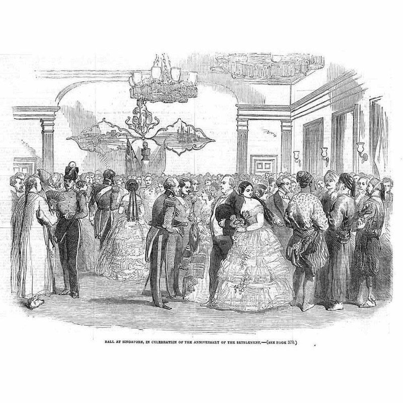 SINGAPORE Ball in Celebration of Anniversary of Settlement – Antique Print 1854
