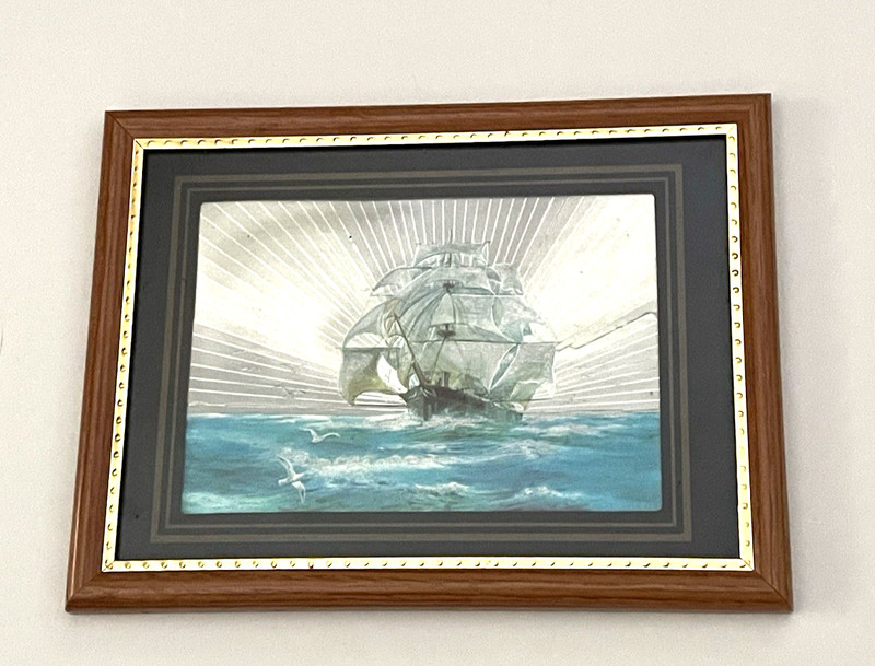 Metallic Foil Ship at Sea Art Nautical Sailboat Vintage Framed w/ Glass