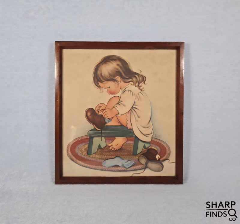 Vintage Framed Nursery Print Girl Tying Shoe Signed Steffie Mid Century Wall Art