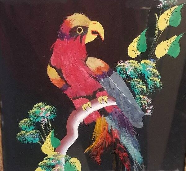 2 x MCM Feathered Bird Art Prints 1950s-60s Folk Art 10"x18" gallery