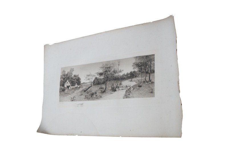 Antique B&W Country Farmhouse Bridge Over Water River Landscape Etching 32" gallery