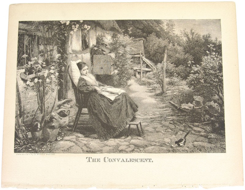 Antiq c1870s Engraving THE CONVALESCENT by Myles Birket Foster Sick Little Girl