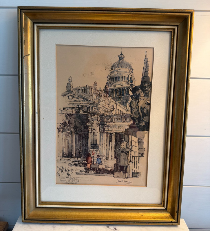 VTG Framed Watercolor Print Palais de Justice in Brussel Dutch Jan Korthals