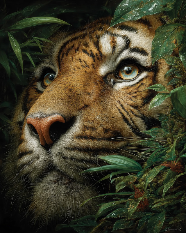 8×10 Bengal Tiger portrait in foliage, green jungle leaves, dramatic – 786285537