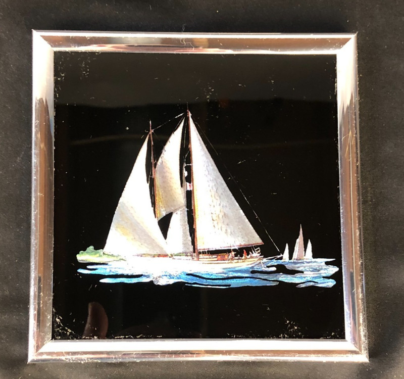 Vtg Gold Foil Art Etching Sailing Ship Sailboat Picture 6” x 6” Kafka 80s 1982