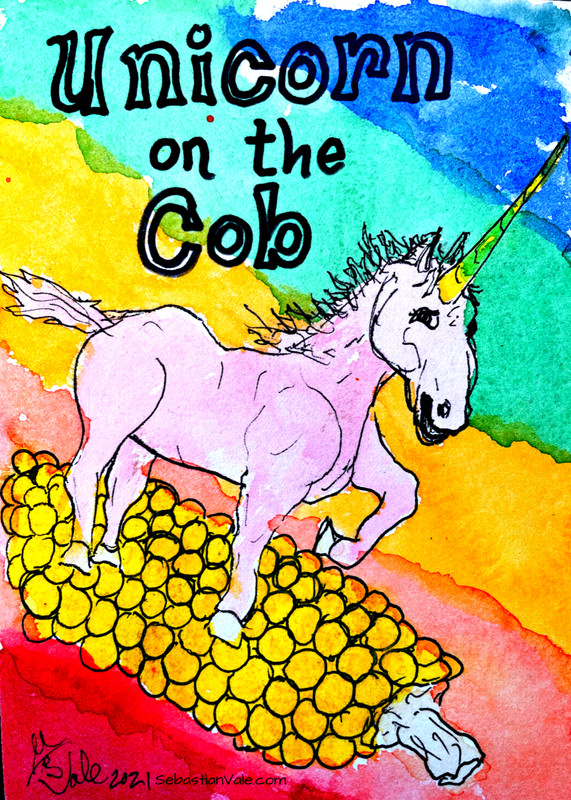 5×7 Cartoon print, Sebastian Vale, double sided 2 in 1 Mayor Max Unicorn rainbow