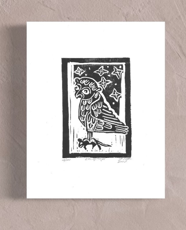 “Evening Preyer» block print, owl