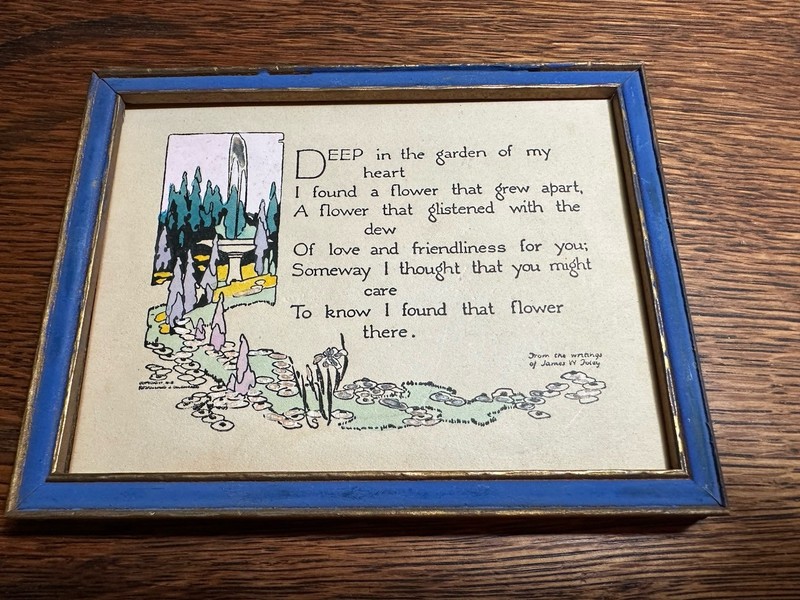 Vintage Framed Motto Print Art Deco “Deep in the Garden of My Heart» James Foley