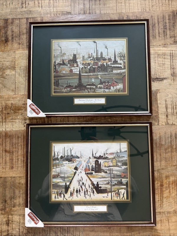 LS Lowry Art Print Canal Bridge Industrial Landscape RA- Mounted & Framed Pair